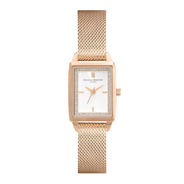 21mm Rectangle White & Carnation Gold Mesh Watch