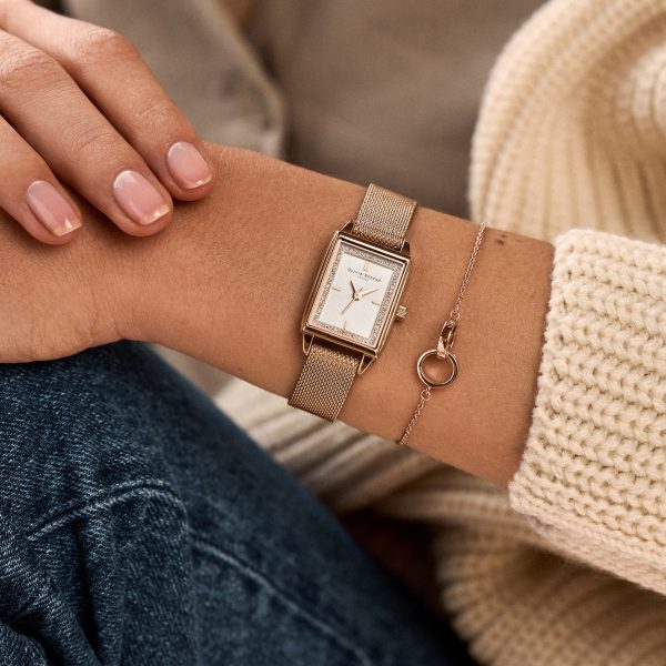 21mm Rectangle White & Carnation Gold Mesh Watch - Image 3
