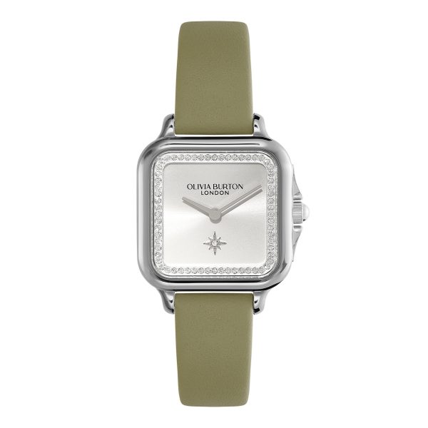 28mm Grosvenor Silver & Sage Green Leather Strap Watch
