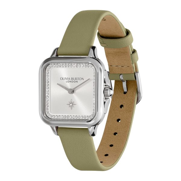 28mm Grosvenor Silver & Sage Green Leather Strap Watch - Image 2