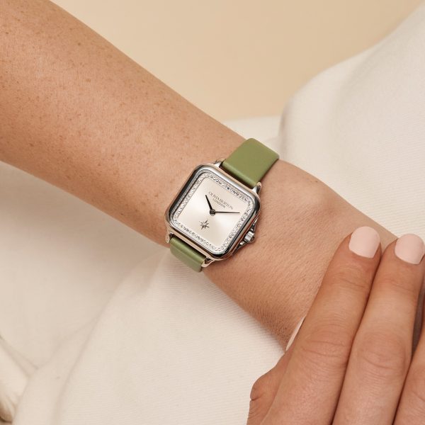 28mm Grosvenor Silver & Sage Green Leather Strap Watch - Image 3